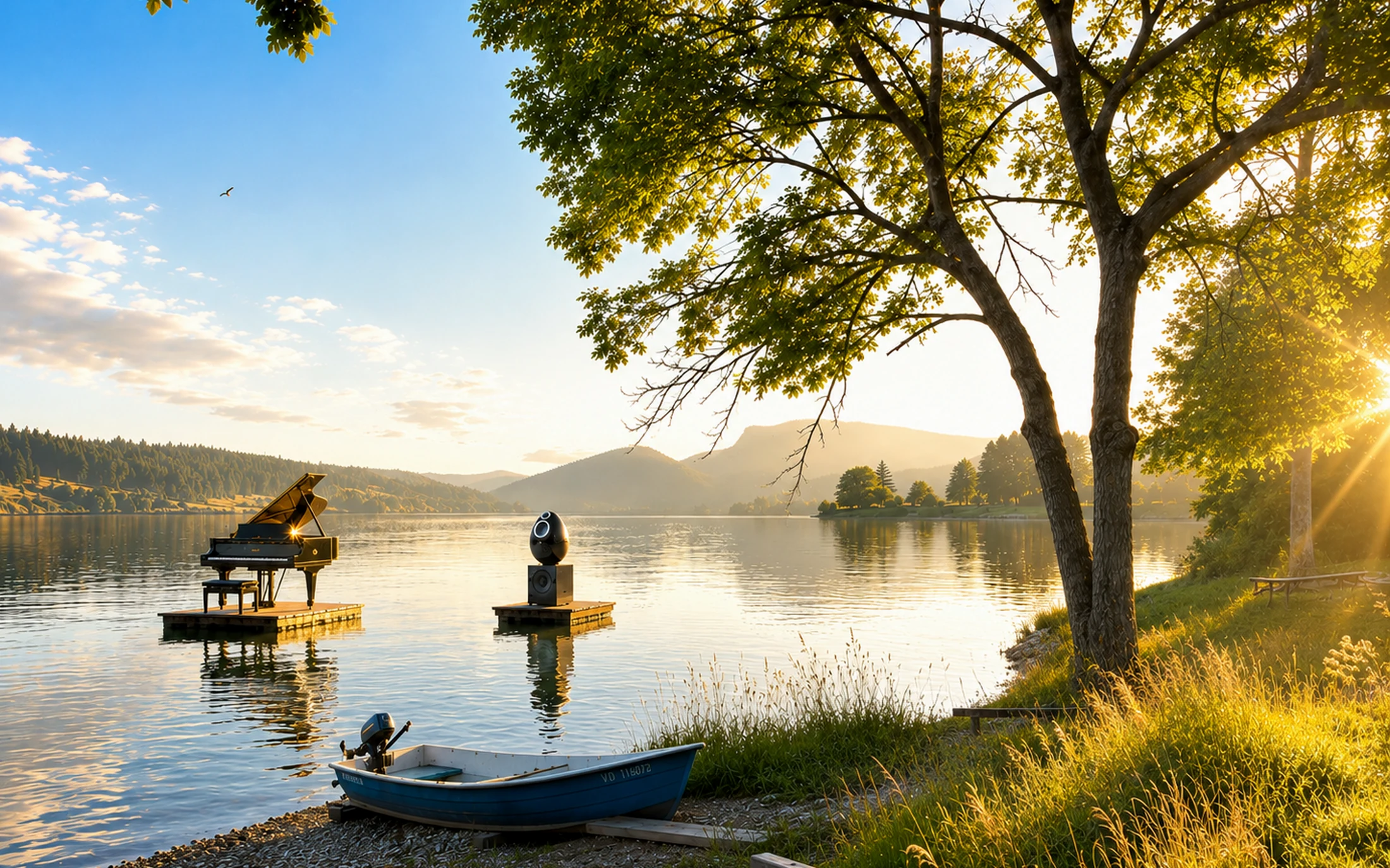 Piano à queue et enceinte OE1 au bord d’un lac