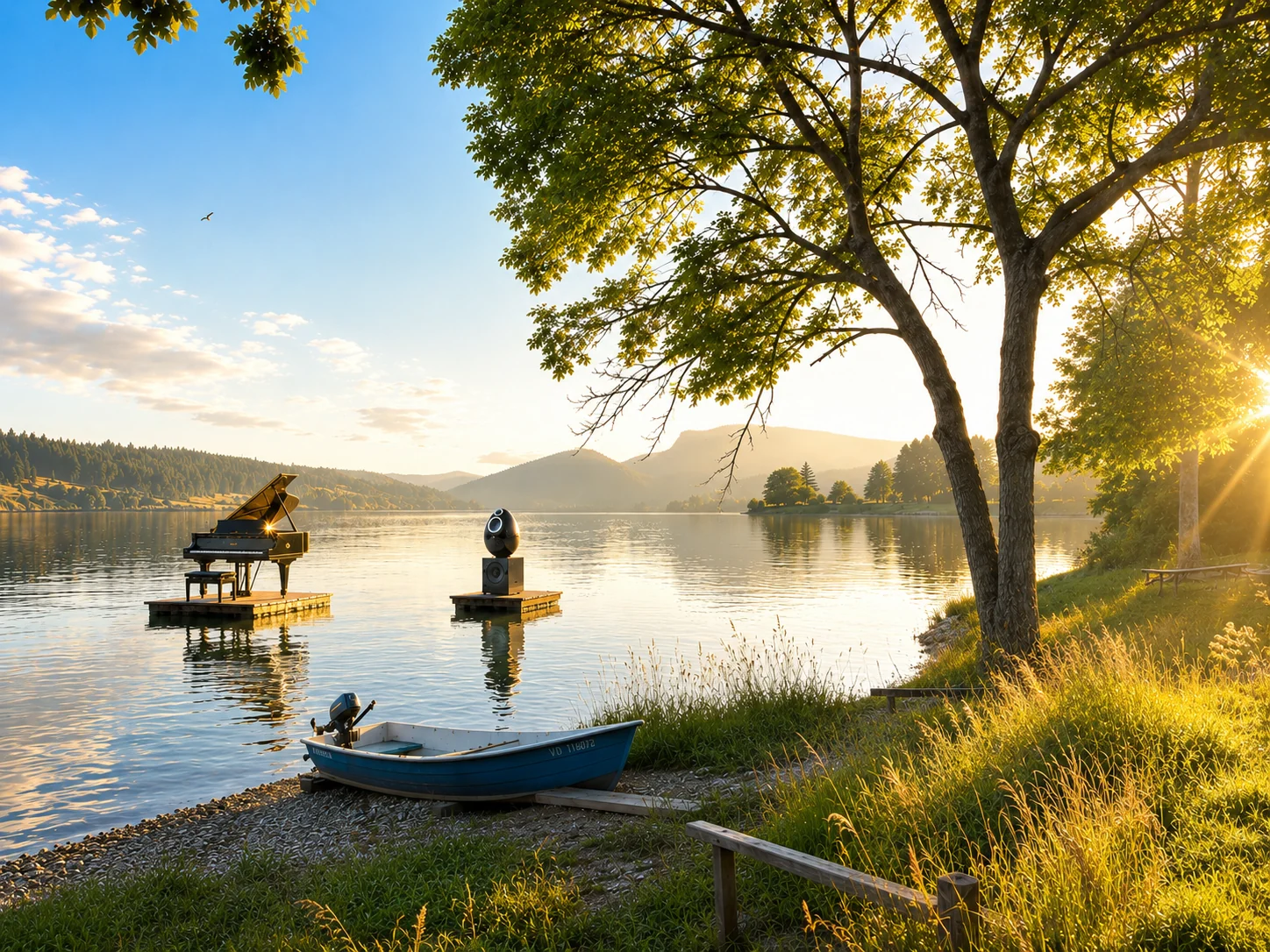 Piano et enceinte OE1 au bord d’un lac